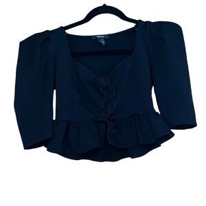 FOREVER 21 Black Corset Style Blouse W/ Shoulder Pads Size Medium